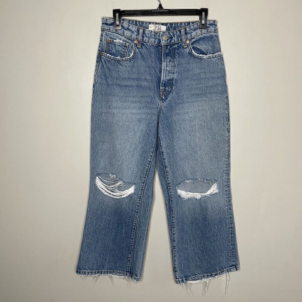 FREE PEOPLE Jeans Womens 28 Crop Wide Leg Rip Knee High Rise Button-Fly